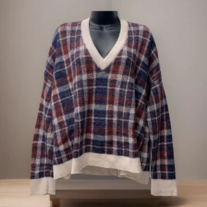 Banana Republic Wool Blend Sweater Womens XL Plaid Oversized Boxy Preppy Boho - Picture 1 of 8