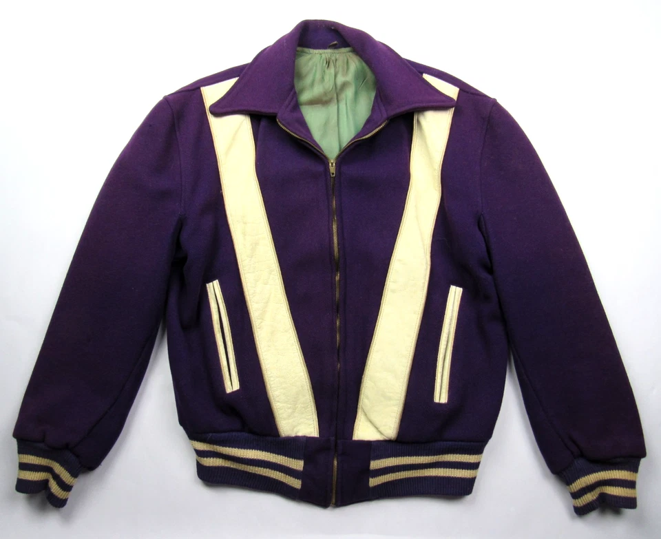 Jaqueta vintage 1950s Crazy Leather & Wool Varsity Ricky Cortland por Hatchers anos 50 - Imagem 1 de 4