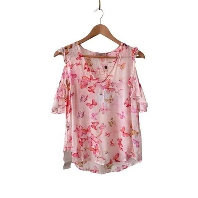 TWINSET Milano Pink Butterfly Print Cold Shoulder Sheer Blouse Size 8 - Image 1 of 4