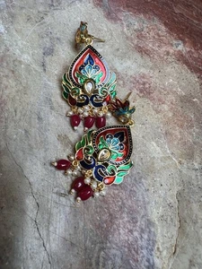 BRAND NEW Indian Moghul Earring Set/Gold & Enamel Inlay Design/Handcrafted - Picture 1 of 8