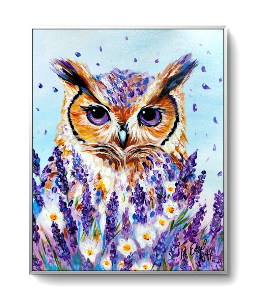 Búho guardián lavanda - Pintura acrílica original 16x20 - por M. Isaksen Foto 1 de 4
