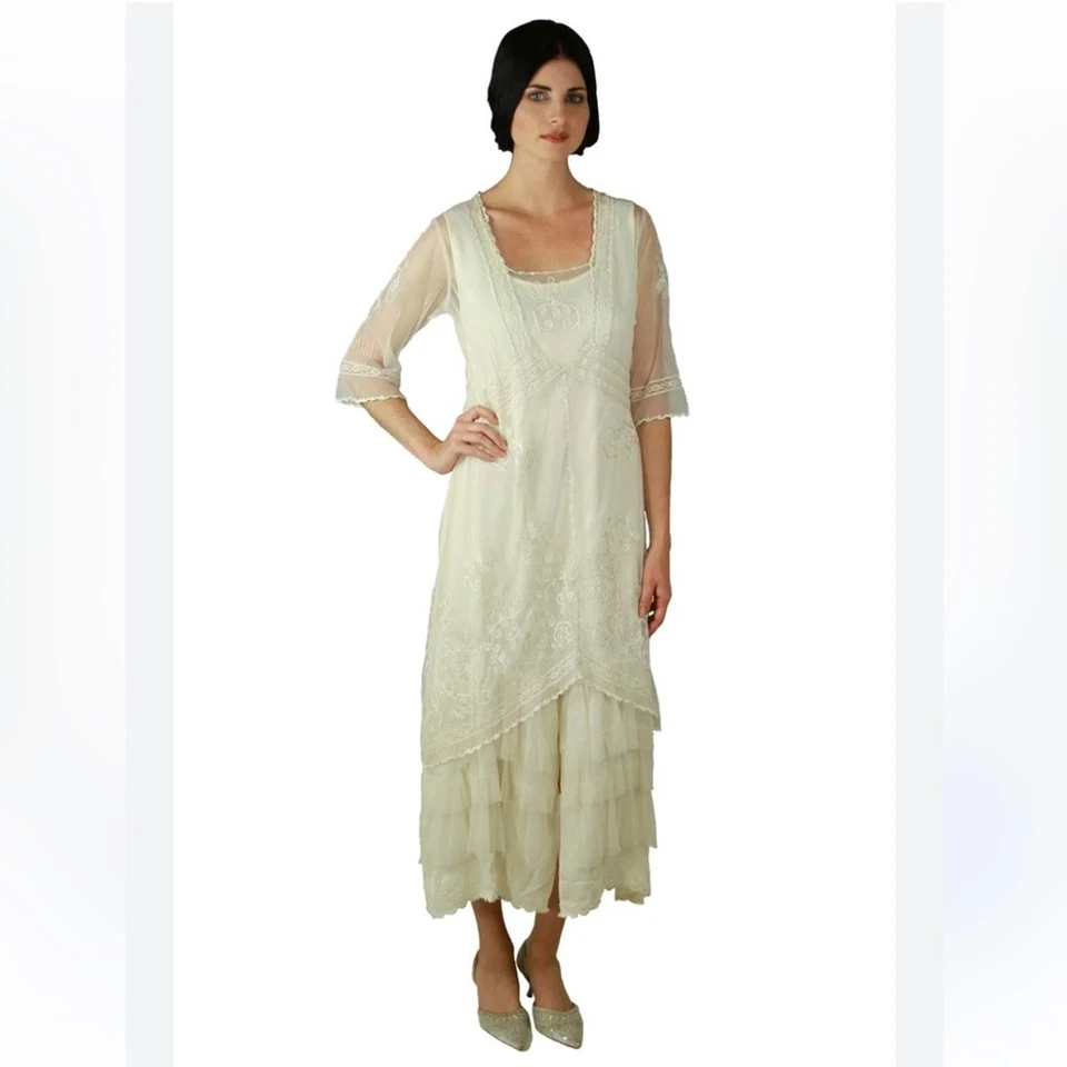 Nataya Ivory Mesh Embroidered Layered Midi Dress Boho Vintage Women’s Large - Image 1 of 4