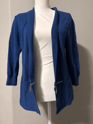 Suéter Ivanka Trump Mujer Grande Azul Frente Abierto Cárdigan Manga 3/4 Foto 1 de 4