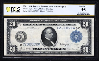 USPC FR#975 $20 1914 FRN LARGE BLUE SEAL PCGS GRADED CHOICE VF 35 - Image 1 of 4