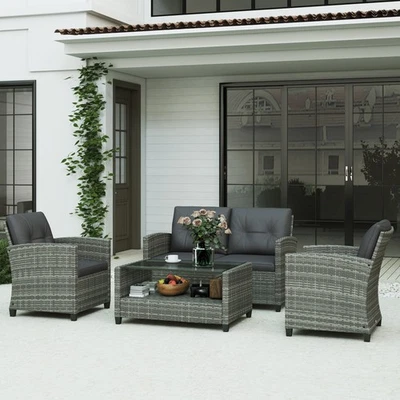 4 PC Outdoor Patio Conversation Sectional Set w/ Sofa, Coffee Table, Carbonized - Image 1 of 4