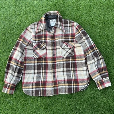 复古 60 年代 70 年代 Montgomery Ward CPO 棕色格子法兰绒衬衫男式 M 码 — 第 1/4 张图片