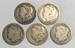 Lote de 5 dólares de plata Morgan Cull 1878-1904, pre '21 $1, 5 monedas, fechas mixtas - Imagen 1 de 11
