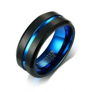 8MM Black Plating Tungsten Carbide Wedding Bands Men's Blue Plating Ring Sz 8-12 - Picture 1 of 11
