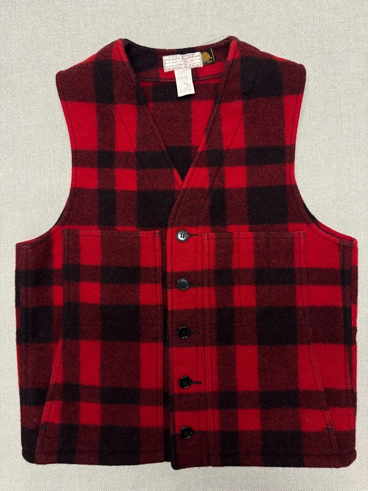 Filson Vest Size 42 (L) Style 20 Mackinaw 100% Virgin Wool USA Made Red Plaid - Image 1 of 4