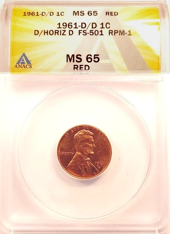 1961 D over Horizontal D Lincoln Cent FS-501, ANACS MS65 RED Cover