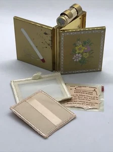 Vintage Deco Gold Tone Makeup Compact Case Lipstick Mirror Cigarette Carry All - Picture 1 of 16