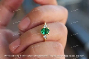 2.30Ct Oval Cut Lab Created Emerald Three-Stone Women's Ring Yellow Gold Plated - Picture 1 of 8
