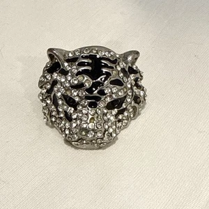 Tiger Head Ring Rhinestone, Black Eyes Size 8 - Picture 1 of 24