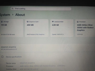 HP 245 G8 AMD Athlon Silver 3050 Laptop 14-inch, 4GB RAM, 120GB SSD, Windows 11 - Image 1 of 2