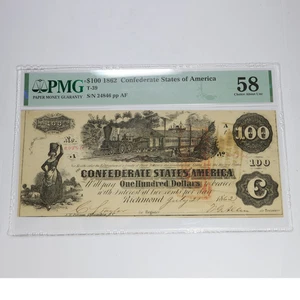 1862 PMG Choice AU58 - CSA Confederate States of America $100 Dollar Note 57713F - Picture 1 of 2