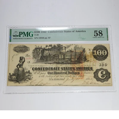 1862 PMG Choice AU58 - CSA Confederate States of America $100 Dollar Note 57713F - Image 1 of 2
