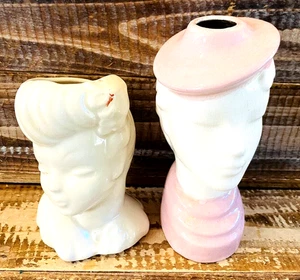 Set 2 Vintage 1940s/50s Lady Glamour Girl Ceramic Head Vases Block Pottery Pink - Picture 1 of 16