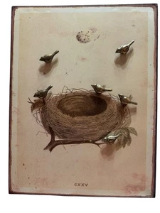 Vintage Blech Morris Vogelnest Repro hängendes Bild 13,75x10,5 mit magnetischen Vögeln - Bild 1 von 3