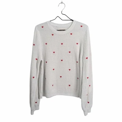 Suéter Tejido Pullover Blanco Lucky Brand Corazones Rojos Bordado Mangas Globo XL Foto 1 de 4