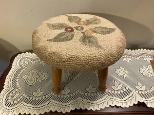 Vintage Round Footstool w/Floral Hooked Rug Top Solid Wood Legs 14" Dx 10" - Picture 1 of 5