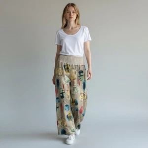Camille & Co Wide Leg Abstract Funky Linen Pants With Wide Waist Band Size L - Picture 1 of 9
