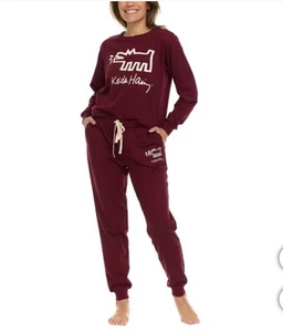 Conjunto de salón Keith Haring de vellón suave para mujer manga larga Crew & Joggers rojo mediano - Imagen 1 de 12