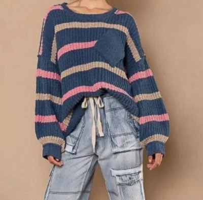 Suéter de punto grueso a rayas azul, rosa y tostado POL - Talla M Foto 1 de 4
