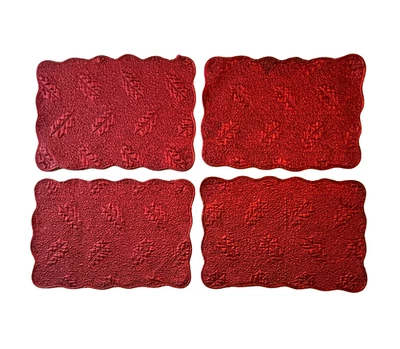 4 Red Satin Matelassé Quilted Placemats Set Christmas Holiday Table Holly 19" L - Image 1 of 4