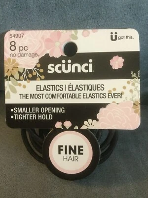 SCUNCI 8 PIECE HAIR ELASTICS #54907 *FINE HAIR* BLACK - BRAND NEW - Image 1 of 2