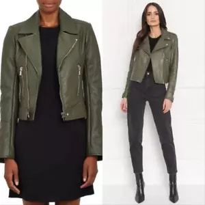 Balenciaga Genuine Leather Jacket Moto Biker Jacket Olive Green Women FR 36 US 4 - Picture 1 of 7