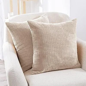 Deconovo Throw Pillow Covers Corduroy 18x18 Inch Cream Stripe Pattern Square - Picture 1 of 6