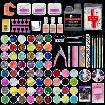 Full 60 Acrylic Powder Glitter Liquid Nail Art Kits Set Tip Brush Glue