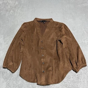 White House Black Market Top Womens 4 Brown Elbow Sleeve Vegan Suede Button Down - Picture 1 of 6
