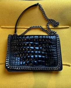 ZARA Black Leather Blend quilted Shoulder Bag Croc City Chain Flap Bag. - Picture 1 of 4