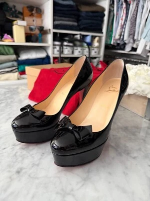 Christian Louboutin FLORIPUMP BOW Black Patent Leather Designer 120mm Heels 37.5 - Image 1 of 4