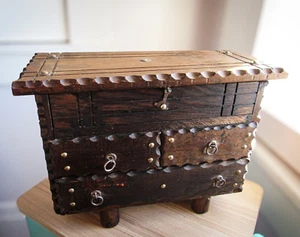Large Hand-Carved Distressed Wood Jewelry Box Chest- Vintage Footed Multi-Drawer - Picture 1 of 9