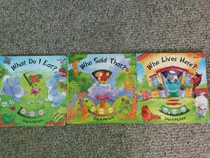 3 WHO? Dial A Picture Board Books~Who said that?~What do I eat?~Who lives Here? - Picture 1 of 9