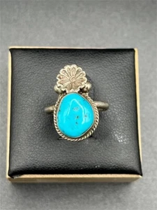 Vintage Navajo Indianer Mike Chee Türkis Stempel Arbeit Silber Ring Größe 4 ohne Box - Bild 1 von 8