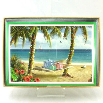 Playa Navidad Hamaca 16 Ct Caja Tarjetas de Felicitación Tropical NUEVO Palmeras Barco Foto 1 de 4