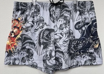 Ed Hardy Skull Tattoo Gray Black Drawstring Shorts Size XL NWT’S Men’s Panther Foto 1 de 4