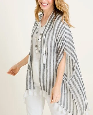 CHICO's black striped linen tassled Ruana Wrap Size S/M - Image 1 of 4