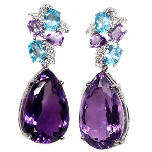 Gemstone 15 X 23 mm. Purple Amethyst Topaz Cubic-Zirconia Earrings 925 Silver - Picture 1 of 6