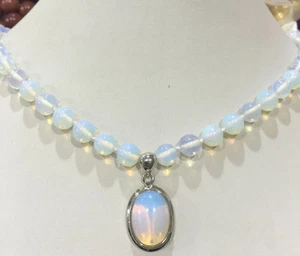 Pretty 8MM White Round therapy Reiki Opal Opalite Gemstone Pendant Necklace 18'' - Picture 1 of 4
