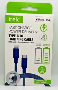 NEW itek Charging Cable - MFi-Certified Type C to Lightning 4 foot Nylon Braided - Picture 1 of 3