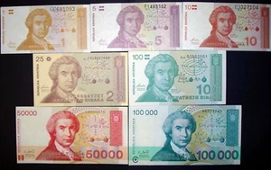 Croatia 1991-1993 UNC Paper Money Banknote 7 Pieces Set New - Picture 1 of 8