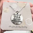"A Cup Of Tea Solves Everything" Sterling Silver 18 Inch Pendant Necklace