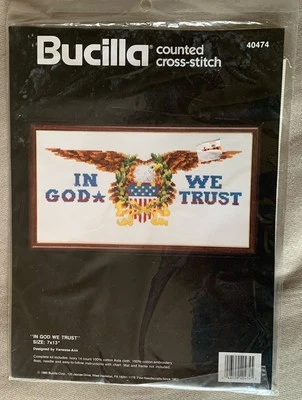 Bucilla Cross Stitch Kit In God We Trust Eagle 40474 Vintage 1990 NOS Sealed - Image 1 of 4