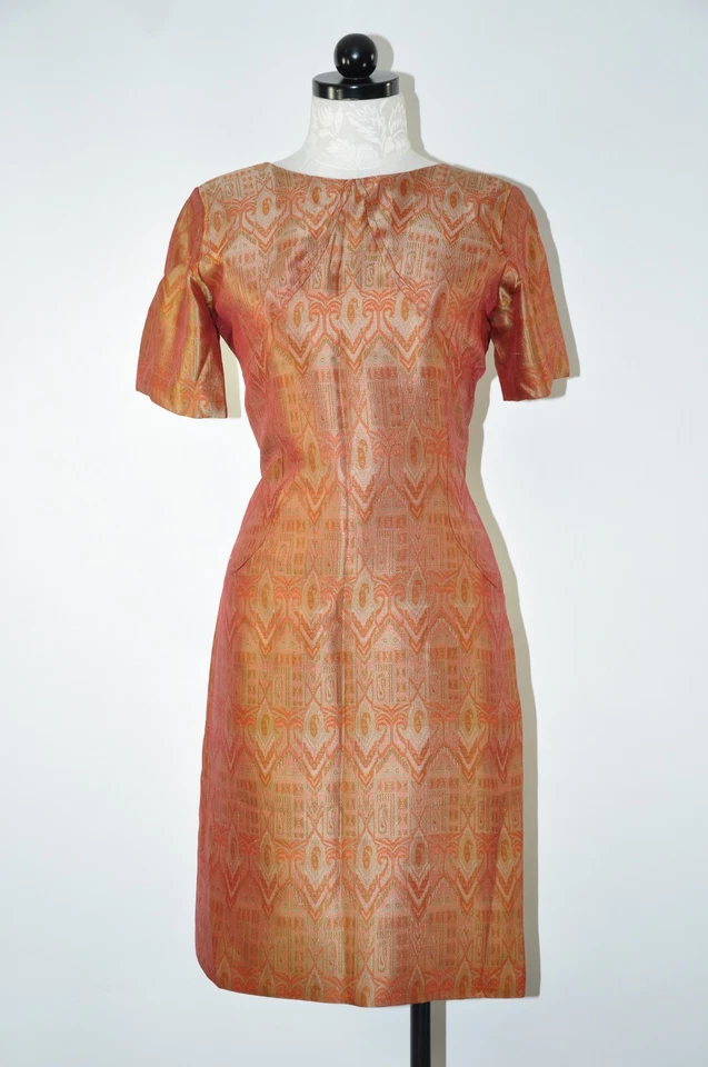 60s Vintage Iridescent Copper Silk Ikat Short Sleeve Slim Wiggle Dress Women S M - Image 1 of 4