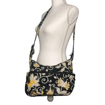 Vera Bradley Yellow Bird Convertible Crossbody Shoulder Bag Purse Black Gold  - Image 1 of 4