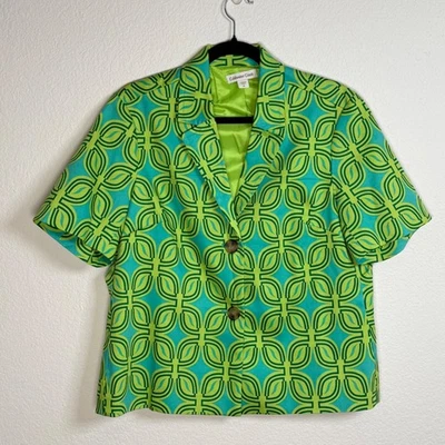 Coldwater Creek Green Leafy Geo Print Cotton Blend Short Sleeve Blazer Jacket - Image 1 of 4
